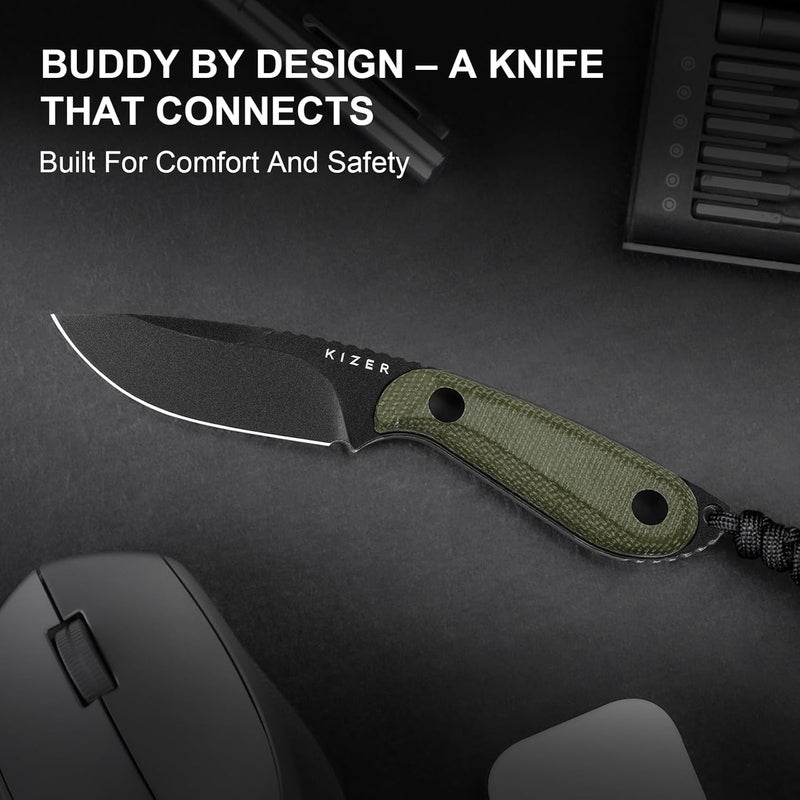 KIZER سكين بادي الثابتة، سكين تخييم من فولاذ D2 بطول 3 بوصات مع مقبض ميكارتا باللون الأخضر الزيتوني، سكاكين ثابتة مدمجة للاستخدام اليومي مع غلاف للتنزه والتخييم 1081M1 - Image 4